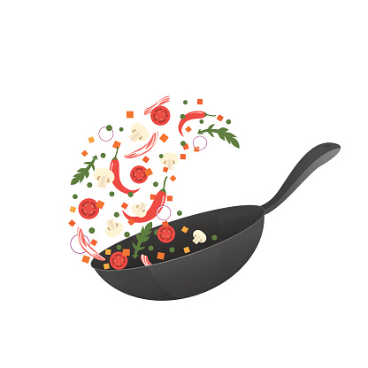 Cooking process vector illustration. Flipping Asian food in a pan