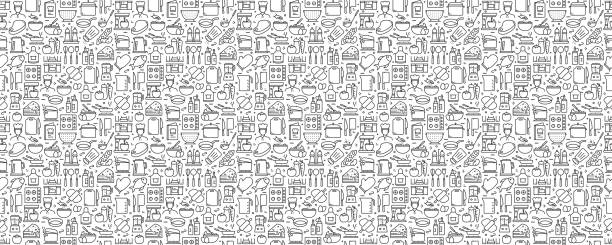Cooking Related Seamless Pattern and Background with Line Icons Cooking Related Seamless Pattern and Background with Line Icons cooking designs stock illustrations