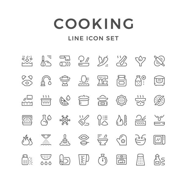 stockillustraties, clipart, cartoons en iconen met koken gerelateerde set lijn pictogrammen - bevroren voedsel