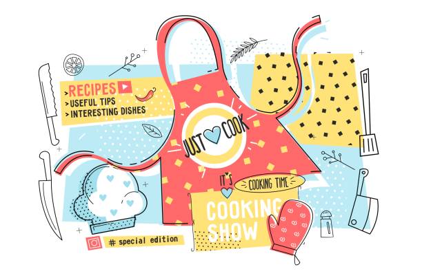 Cooking show and cook time poster Cooking show and cook time poster vector illustration. Template with kitchen apron, hat, glove and kitchenware flat style concept. Recipes, useful tips, interesting dishes and special edition design cooking stock illustrations