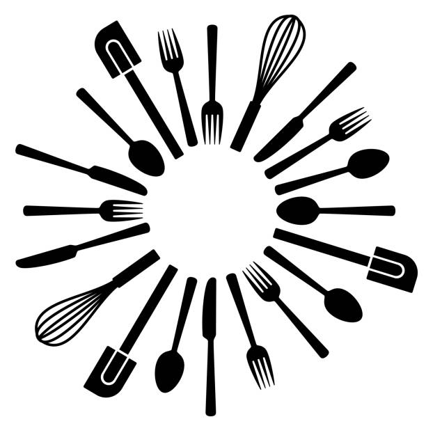 Cooking Supplies Circle 1 Vector silhouettes of a group of forks, knives, spoons, spatulas, and whisks in a circle against a white background. cooking silhouettes stock illustrations