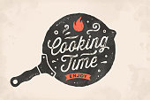 Cooking Time. Kitchen poster. Kitchen wall decor, sign, quote. Poster for kitchen design with frying pan and calligraphy lettering text Cooking Time. Vintage typography. Vector Illustration