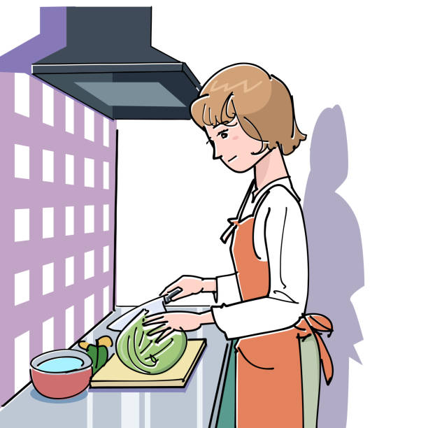 ilustrações de stock, clip art, desenhos animados e ícones de cooking - woman chopping vegetables