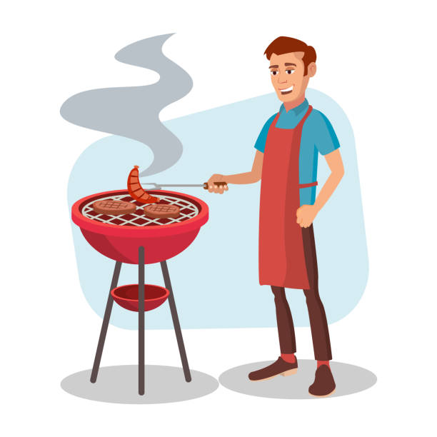 BBQ Cooking Vector. Man Cook Grill Meat On Bbq. Isolated Flat Cartoon Character Illustration BBQ Party Vector. Barbecue Tools, Grill, Forks With Happy Man. Flat Cartoon Illustration cooking clipart stock illustrations