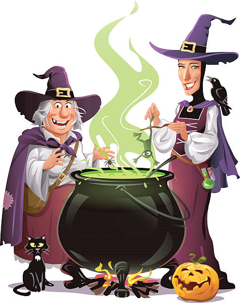 Cooking Witches Two witches with hats standing at a big cauldron cooking a disgusting green soup. One of them throws a frog into the soup, the other one a spider. ugly old women stock illustrations