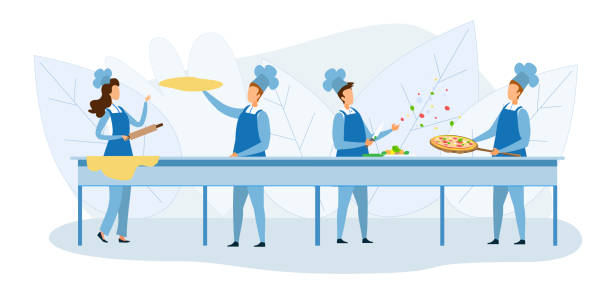 ilustrações de stock, clip art, desenhos animados e ícones de cooks team preparing pizza together illustration - pizza table