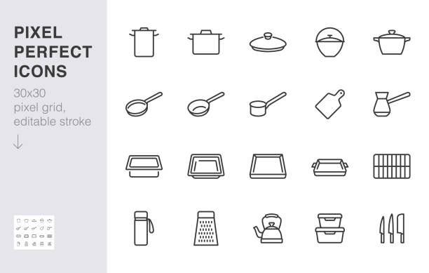 Cookware line icon set. Kitchen equipment cooker pan pot, frying griddle, lid, knife grater minimal vector illustration. Simple outline sign of cooking utensils. 30x30 Pixel Perfect Editable Stroke Cookware line icon set. Kitchen equipment - cooker pan pot, frying griddle, lid, knife grater minimal vector illustration. Simple outline sign of cooking utensils. 30x30 Pixel Perfect Editable Stroke tray stock illustrations