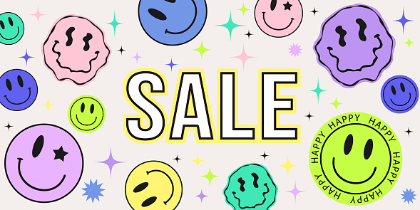 Cool abstract collage of sale banner with hipster stickers of smile face in acid design. Retro pop psychedelic background with stickers. Vector illustration of promotion poster, discount deal