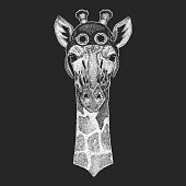 Camelopard, giraffe Hand drawn image for tattoo, emblem, badge, logo patch