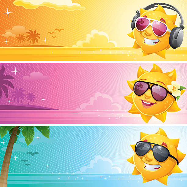 Cool Cartoon Sun Summer Banner EPS 8 File, simple gradients, no Effects or Transparencies. cartoon sun with sunglasses stock illustrations