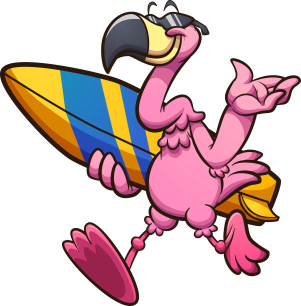 Cool flamingo Cool cartoon flamingo with sunglasses walking and holding a surfboard. Vector clip art illustration with simple gradients. All on a single layer."n flamingo stock illustrations