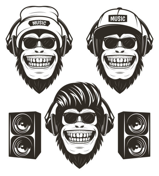 Cool hip hop music monkey set, vector hand drawn illustration Cool hip hop music monkey set, vector graphics for t-shirt, etc. Funny hand drawn monkeys in sunglasses and with headphones wearing hat and cap listening to music, loudspeakers. laughing monkey stock illustrations