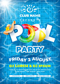 Vector bright and fun advertising poster template for pool party. Colorful swimming ring, beach ball and letters float on crystal clean water with sunny highlights. Pool tile texture on background.