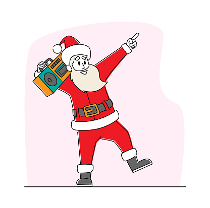 Cool Santa Claus Listening Music on Tape Recorder and Dancing. Funny Christmas Character in Red Traditional Costume