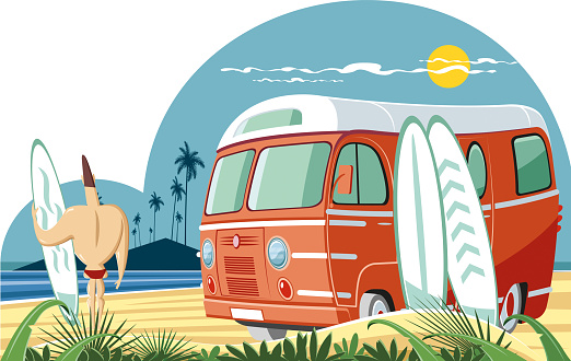 Easy editable vintage minibus 
and cool surfer vector illustration.
All elements was layered seperately...