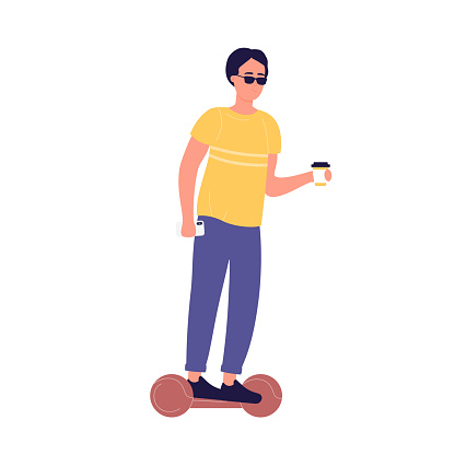 Cool teenager with glasses riding self balancing scooter