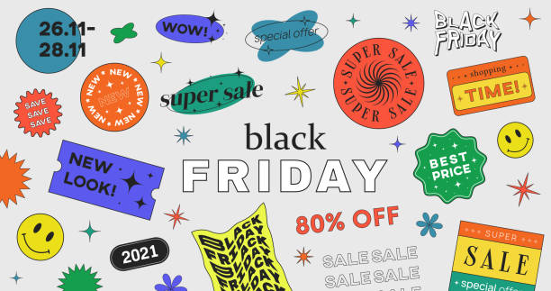 stockillustraties, clipart, cartoons en iconen met cool trendy black friday promo baner vector design. abstract super sale stickers. - happy friday emoticon