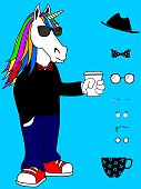 funny unicorn hipster cartoon expressions collection in vector format