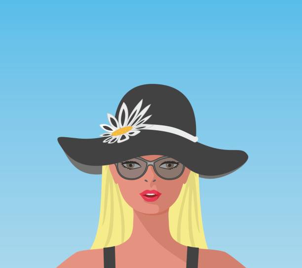 bildbanksillustrationer, clip art samt tecknat material och ikoner med cool woman in big hat and sunglasses with copy space.vector illustration. - badstrand sommar sverige