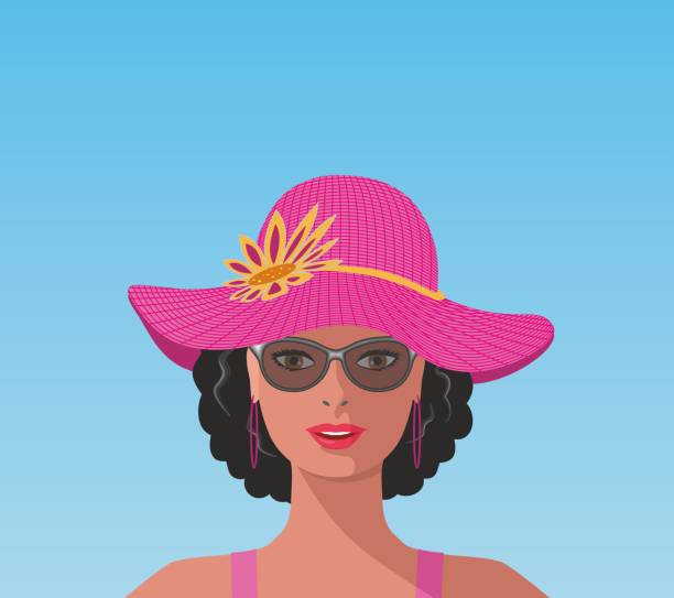 bildbanksillustrationer, clip art samt tecknat material och ikoner med cool woman in big hat and sunglasses with copy space.vector illustration. - badstrand sommar sverige