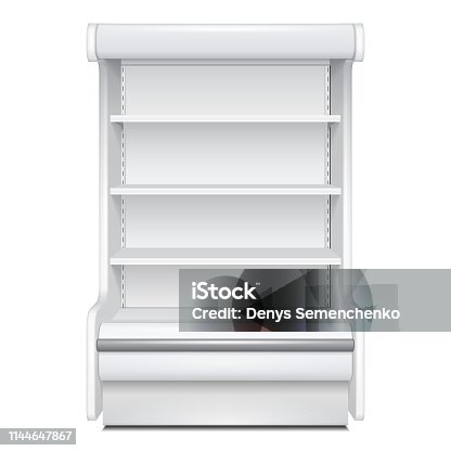 istock Cooled Regal Rack Refrigerator Wall Cabinet Blank Empty Showcase Displays. Retail Shelves. 3D Products On White Background Isolated. Mock Up Ready For Your Design. Product Packing. Vector EPS10 1144647867