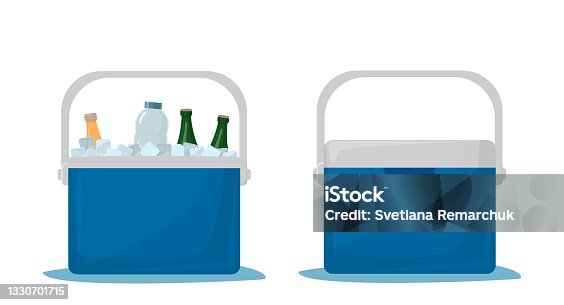 istock Cooler bag. Cold drinks. Portable refrigerator. Car refrigerator. Ice box with drinks. Open fridge with drinks and closed fridge. Vector illustration isolated on white background. 1330701715