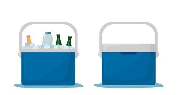 Cooler bag. Cold drinks. Portable refrigerator. Car refrigerator. Ice box with drinks. Open fridge with drinks and closed fridge. Vector illustration isolated on white background.
