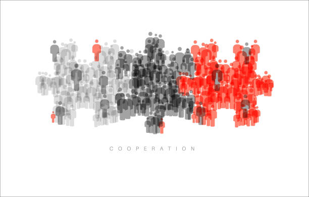 Cooperation Brainstorming Teamwork concept Cooperation Brainstorming Teamwork concept made from gray and red  people puzzle pieces being fitted together coalition stock illustrations
