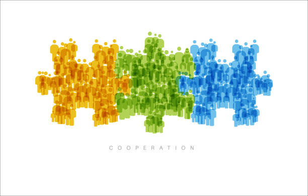 Cooperation Teamwork concept made from people icons Cooperation Brainstorming Teamwork concept made from yellow, green and blue puzzle pieces being fitted together coalition stock illustrations