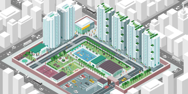 施設・人との協同住宅社会 - 街　俯瞰点のイラスト素材／クリップアート素材／マンガ素材／アイコン素材