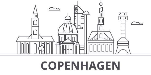 코펜하겐 건축 선 스카이 라인 일러스트입니다. 유명한 랜드마크, 시티 명소와 선형 벡터 풍경 디자인 아이콘. 편집 가능한 선 프리 - copenhagen stock illustrations