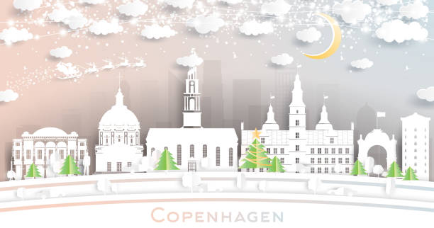 哥本哈根丹麥城市天際線在剪紙風格與雪花，月亮和霓虹燈加蘭。 - copenhagen 幅插畫檔、美工圖案、卡通及圖標