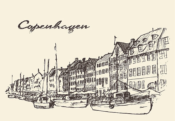 рисованные иллюстрации в копенгагене, дания - copenhagen stock illustrations