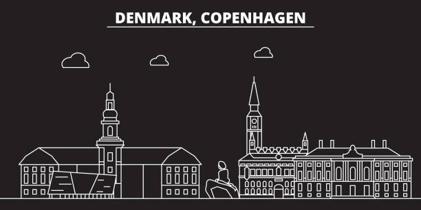코펜하겐 실루엣 스카이 라인. 덴마크-코펜하겐 벡터 도시, 덴마크 선형 건축, 건물 코펜하겐 여행 그림, 개요 랜드마크입니다. 덴마크 플랫 아이콘, 덴마크 라인 배너 - copenhagen stock illustrations