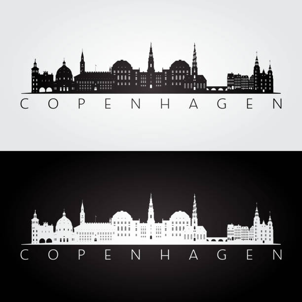 哥本哈根地平線和地標剪影, 黑白設計, 向量插圖。 - copenhagen 幅插畫檔、美工圖案、卡通及圖標