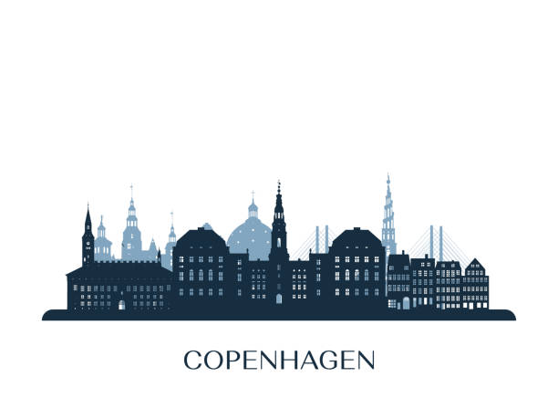 копенгагенский горизонт, монохромный силуэт. векторная иллюстрация. - copenhagen stock illustrations