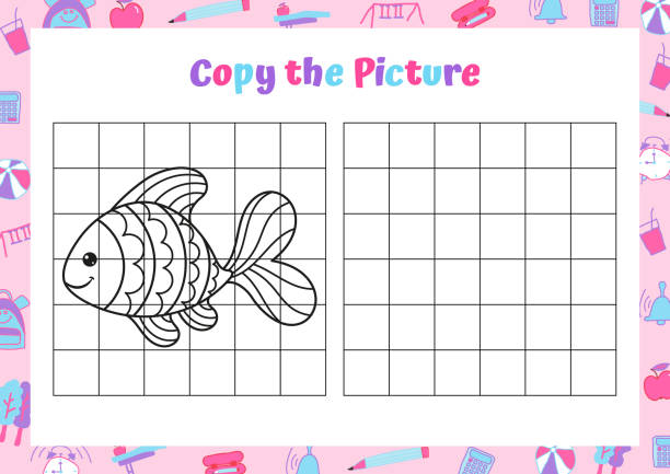 Copy the picture. Drawing activity for kids. Educational game for preschool children. Vector Illustration.  printable of fish drawing stock illustrations