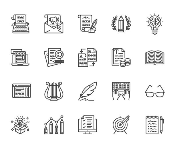 Copywriting flat line icons set. Writer typing text, social media content, e-mail newsletter, creative idea, typewriter vector illustrations. Writing thin signs. Pixel perfect 64x64. Editable Strokes Copywriting flat line icons set. Writer typing text, social media content, e-mail newsletter, creative idea, typewriter vector illustrations. Writing thin signs. Pixel perfect 64x64. Editable Strokes. outside the box stock illustrations