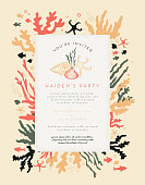 Coral plants and fishes party invitation layout design template. Includes assorted underwater plant life, fishes, starfish, conch shell, sea shells and starfish. Easy to edit with layers.