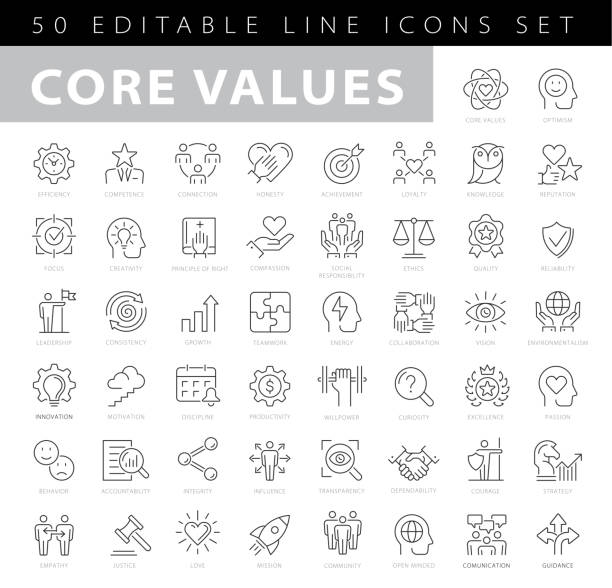 ilustrações de stock, clip art, desenhos animados e ícones de core values editable stroke line icons - conjunto de ícones