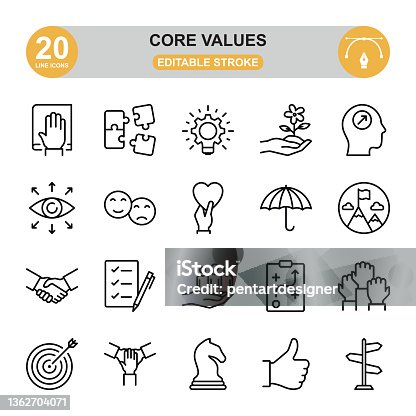 istock Core Values icon set. Editable stroke. icon set contains such icons as honesty, achievement, innovation, creativity, dependability, collaboration, reputation, etc. 1362704071