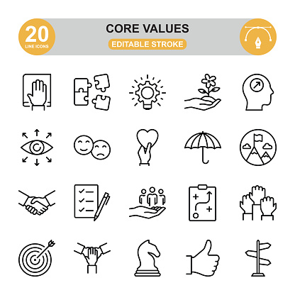 Core Values icon set. Editable stroke. icon set contains such icons as honesty, achievement, innovation, creativity, dependability, collaboration, reputation, etc.