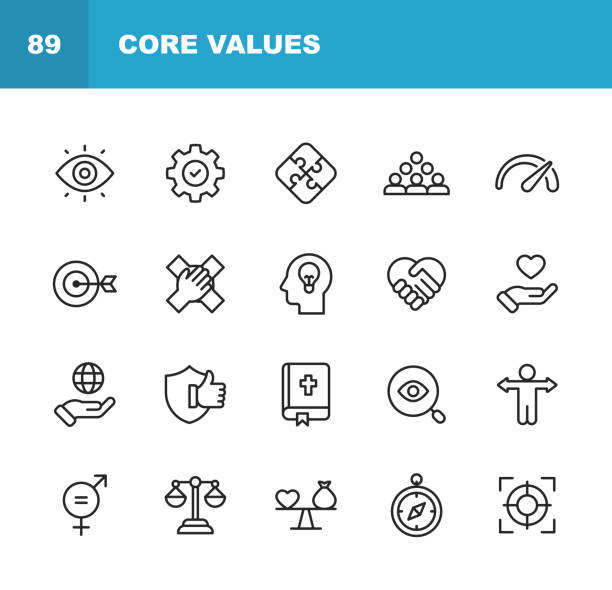 Core Values Icons. Editable Stroke. Pixel Perfect. For Mobile and Web. Contains such icons as Responsibility, Vision, Business Ethics, Law, Morality, Social Issues, Teamwork, Growth, Trust, Quality. 20 Core Values Outline Icons. social icons stock illustrations