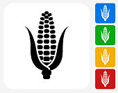 Corn Icon. This 100% royalty free vector illustration features the main icon pictured in black inside a white square. The alternative color options in blue, green, yellow and red are on the right of the icon and are arranged in a vertical column.