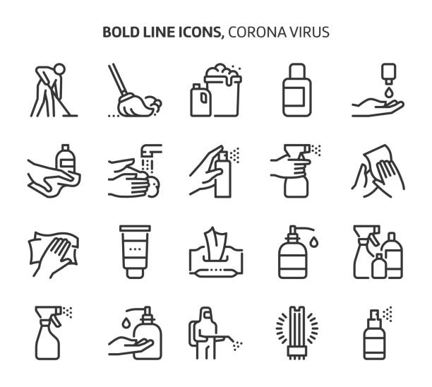 Corona virus, bold line icons. Corona virus, bold line icons. The illustrations are a vector, editable stroke, 48x48 pixel perfect files. Crafted with precision and eye for quality. cleaning stock illustrations