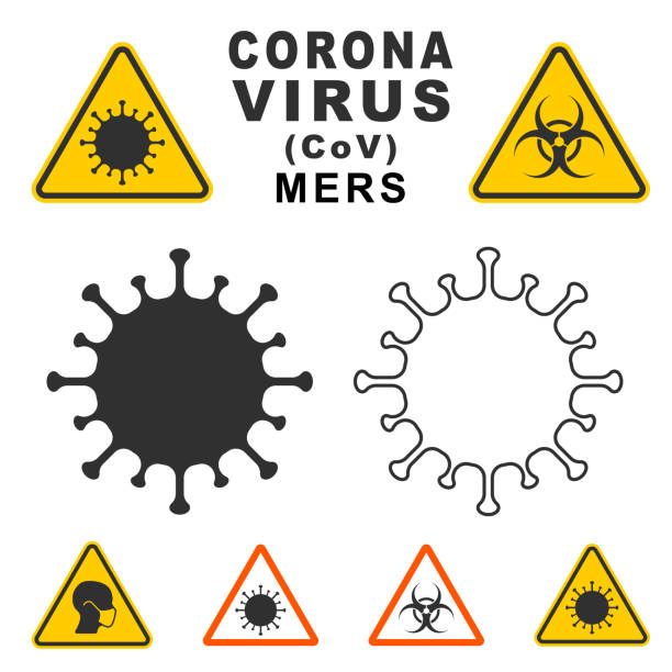 中東呼吸綜合征冠狀病毒警告圖示形狀。生物危害風險標誌。污染流行病毒危險信號。向量插圖圖像。隔離在白色背景上。 - 病毒 幅插畫檔、美工圖案、卡通及圖標