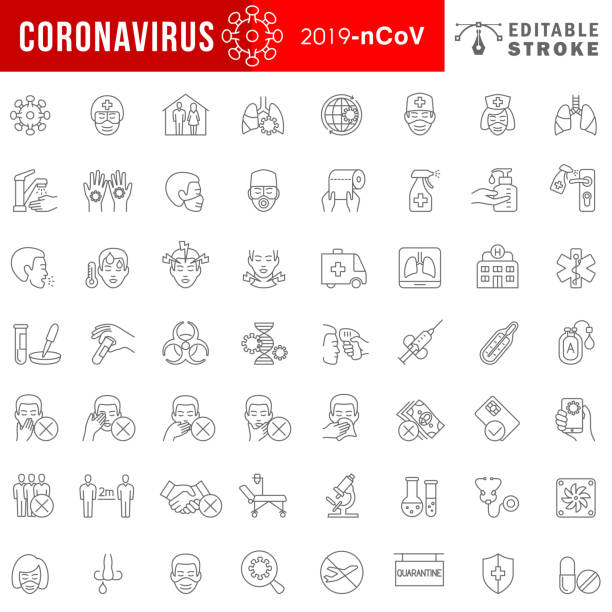 코로나바이러스 2019-ncov 질환 증상 및 예방 아이콘 세트. - covid test stock illustrations