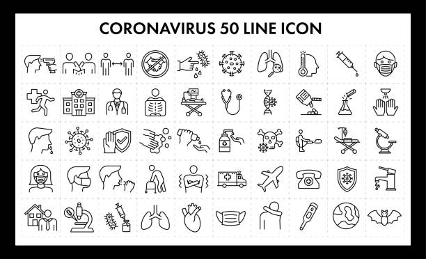 코로나바이러스 50 라인 아이콘 - 수술용 마스크 stock illustrations