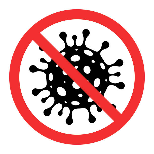 ilustraciones, imágenes clip art, dibujos animados e iconos de stock de icono de la célula del coronavirus con signo de prohibición rojo - detener covid-19 sobre fondo blanco - stop