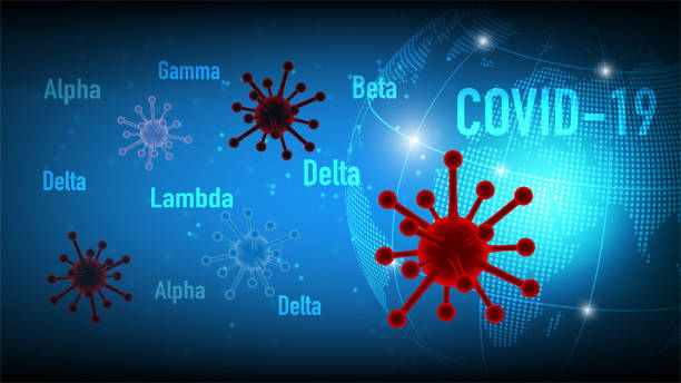 ilustraciones, imágenes clip art, dibujos animados e iconos de stock de coronavirus covid-19 beta, delta, alfa, gamma, variante lampda con fondo azul. pandemia de coronavirus mutado por la gripe sars-cov-2 en todo el mundo - covid variant